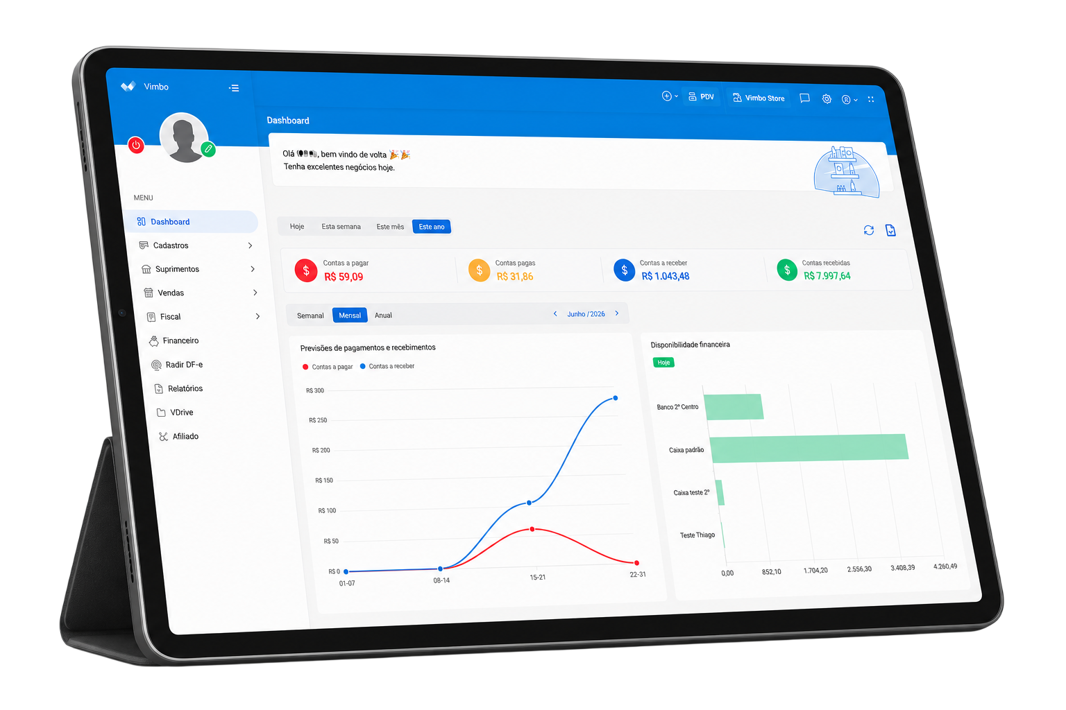 Dashboard financeiro da Vimbo mostrando contas a receber em tablet