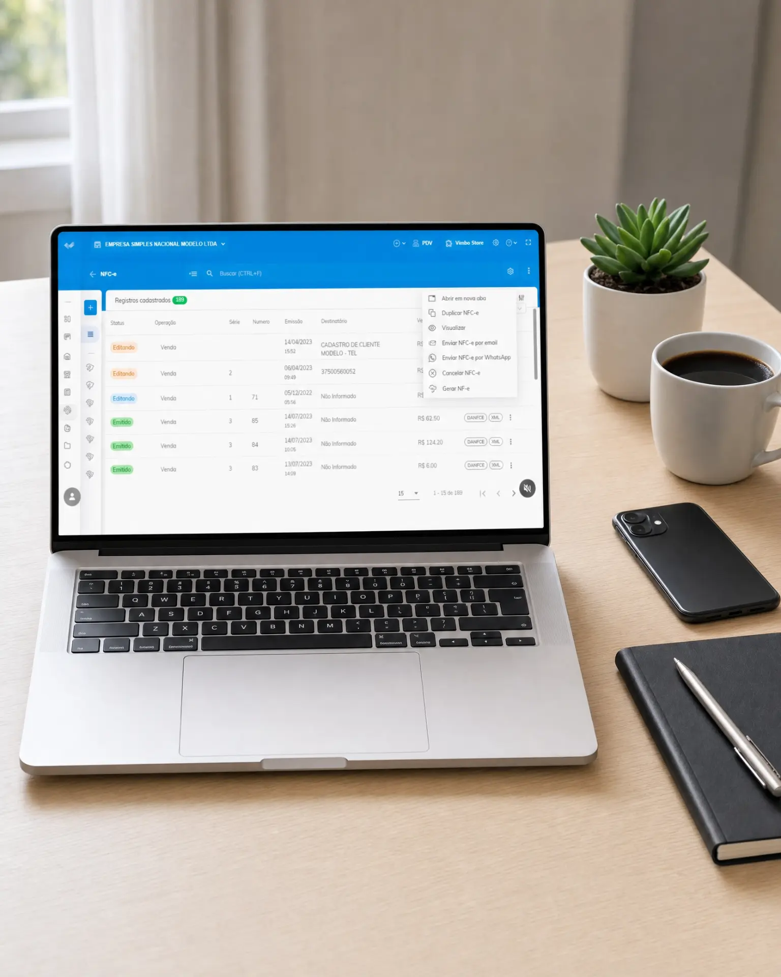 Emissão de NF-e e NFC-e na Vimbo em notebook